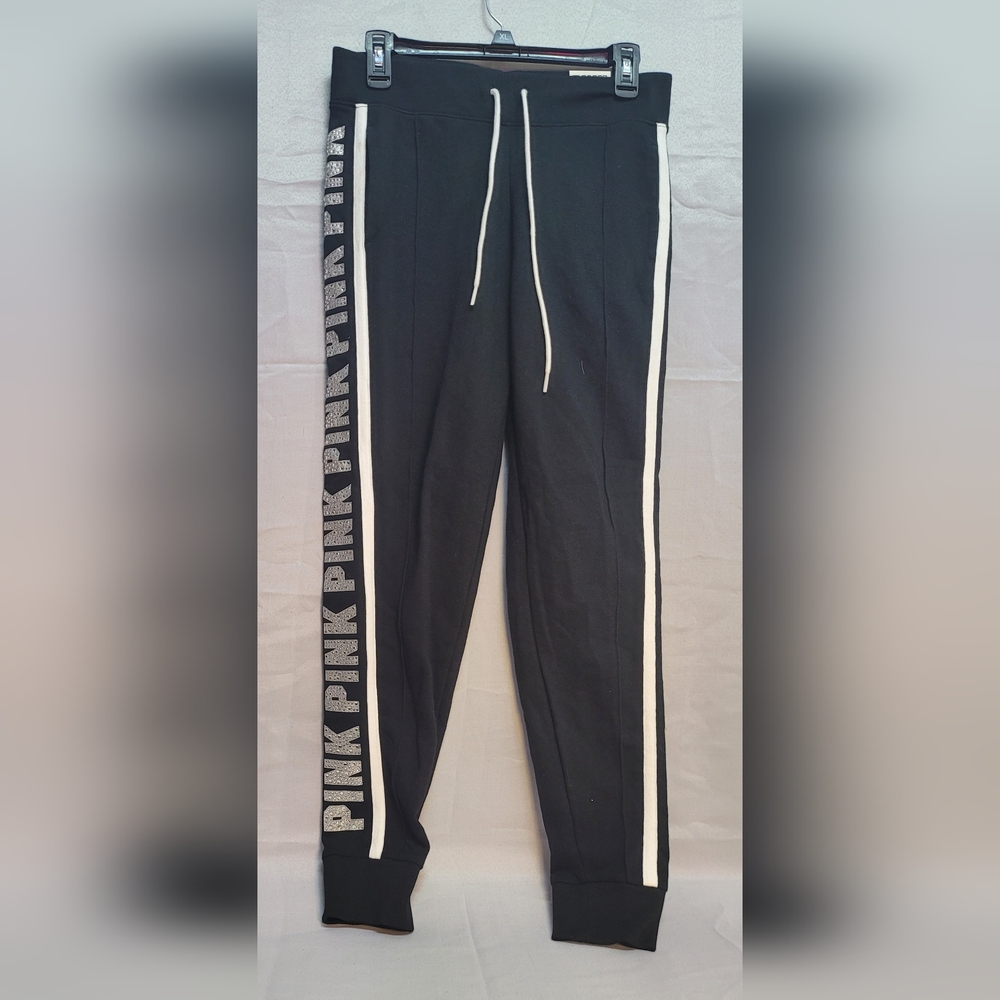 PINK Victoria's Secret Black Leggings with Pink Lettering Rhinestones
